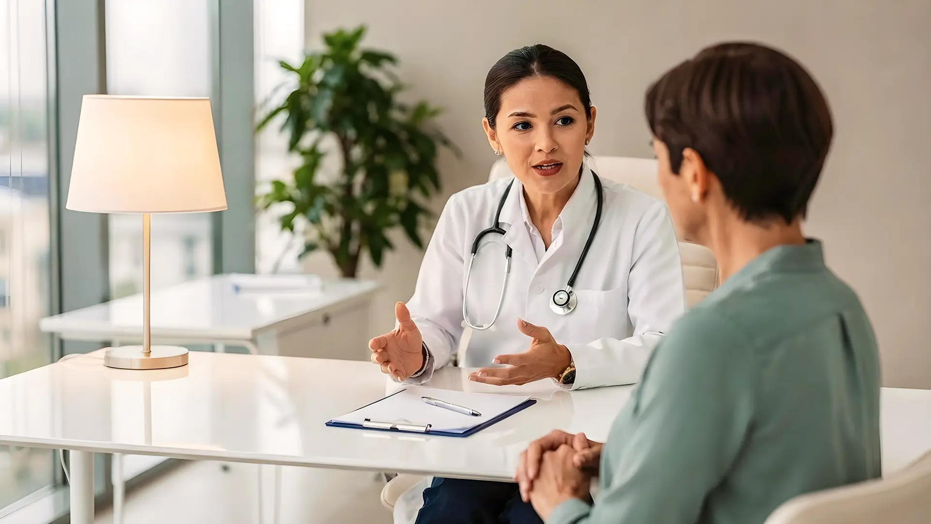 Dottoressa e paziente in consulto medico per discutere l'approccio non invasivo basato sull'idrogeno molecolare transdermico nella pratica clinica.